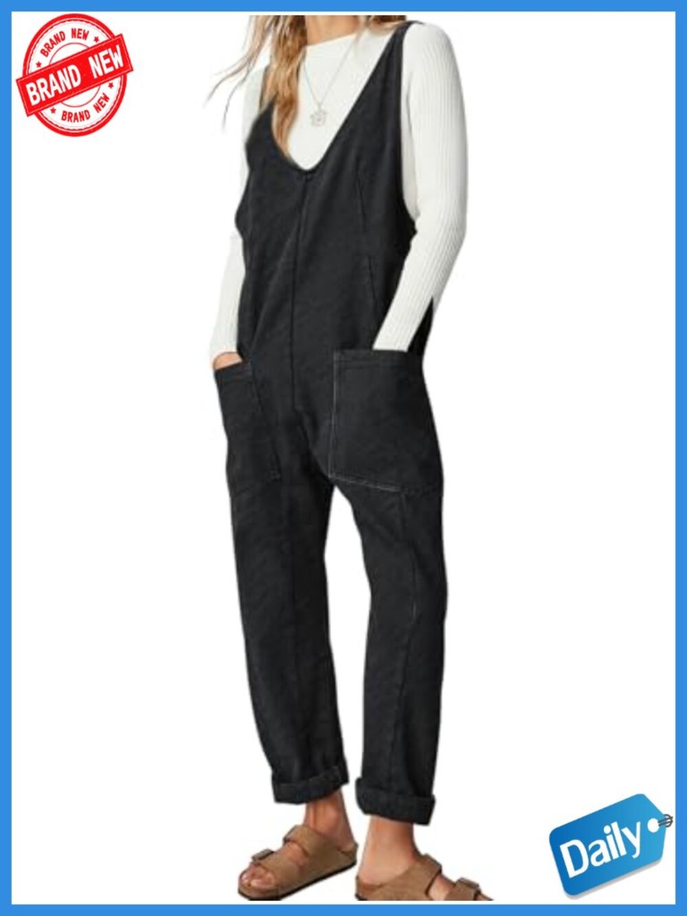 EXLURA Womens High Roller Denim Bib Jumpsuits Casual Loose Sleeveless Baggy